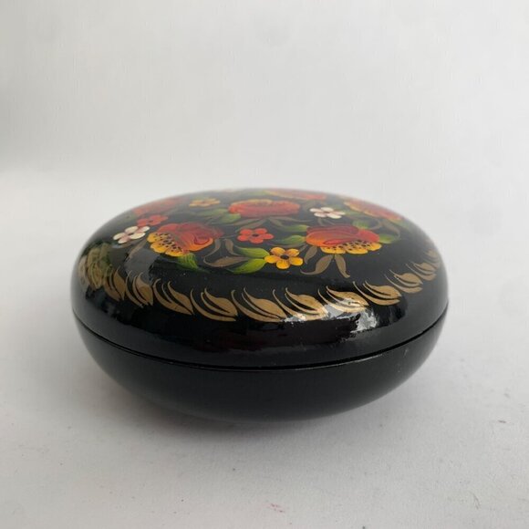 Vintage Ukraine Ukrainian Hand-painted Trinket Bowl Dish Lidded Floral Lacquered - Picture 2 of 5